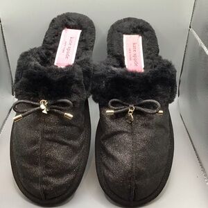 Kate Spade NY Lacey Faux Fur Black Slippers Lightweight Flat Designer Fuzzy 9B